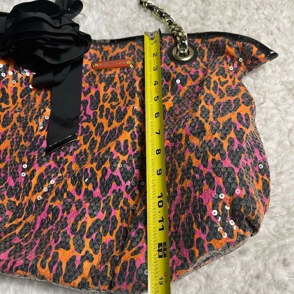Betsey Johnson Fabric sequins leopard print orange,hot pink & black shoulder bag - Picture 7 of 12